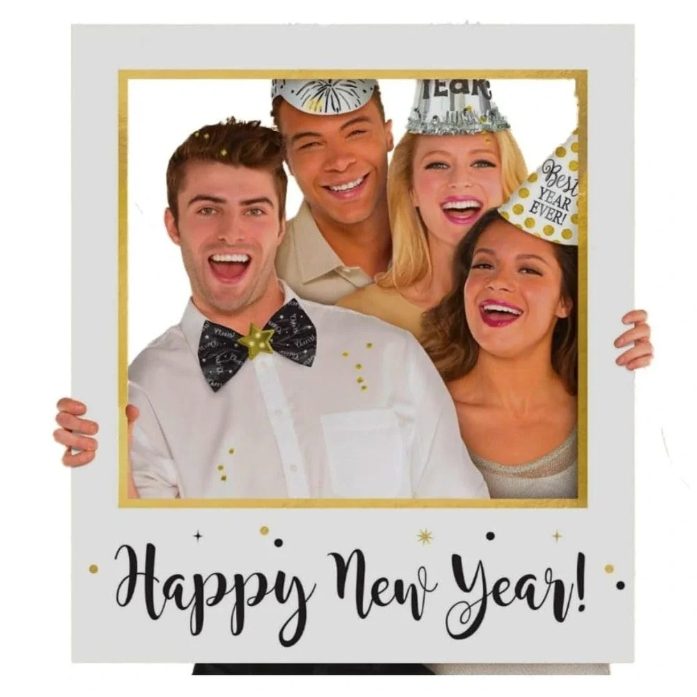 Happy New Year Photo Booth Frame Prop Gold White Black‎ NYE Party Decor 35x30